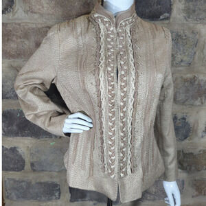 Elie Tahari Blazer Tan‎ Wool Silk Blend Braided Detail Woman's Size Large